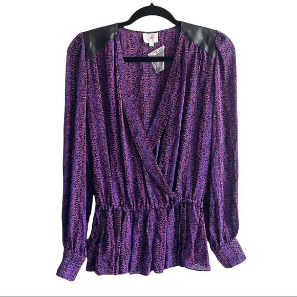 PARKER Silk Faux Wrap Blouse Print Ruffle Bottom Leather Shoulder Purple XS - Picture 1 of 6